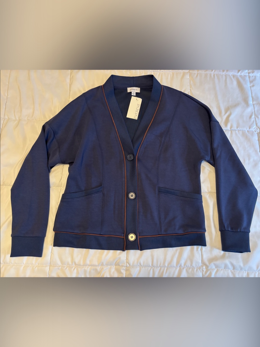 Evereve Navy Cardigan with Rust Trim